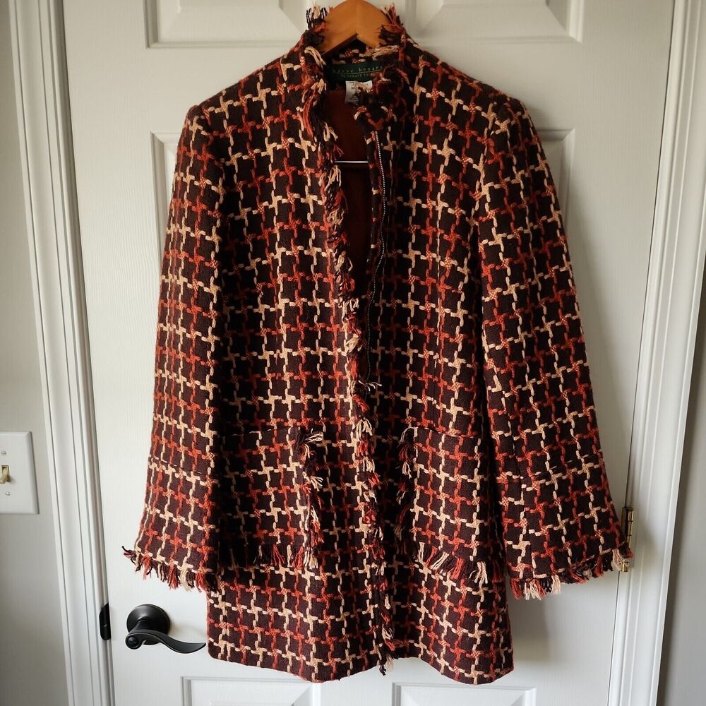 Vintage Harve Bernard Brown Wool Tweed Blazer Zip Up Jacket Womens Size 4 Tall
